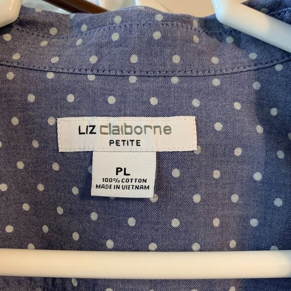 Liz Claiborne Petite Women's Blue with White Polka Dot Blouse, Size Petite Large - Picture 5 of 5